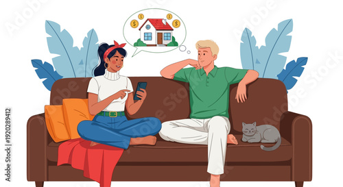 Couple relaxing on a couch with a cat and thinking about a house