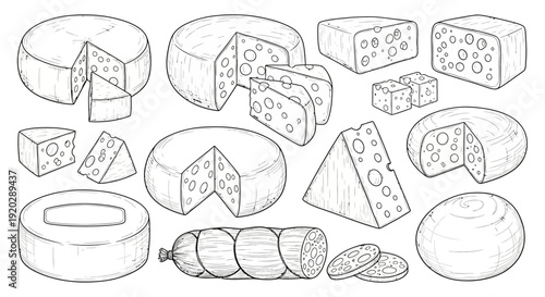 Assorted cheeses and sausages displayed in a sketch-style illustration from a direct viewpoint