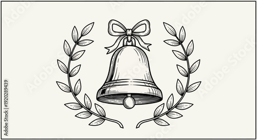 A detailed illustration of a bell surrounded by a laurel wreath with a ribbon, symbolizing achievement and celebration, viewed from the front.