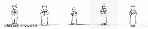 line art of a little Muslim boy standing in prayer gesture front view
