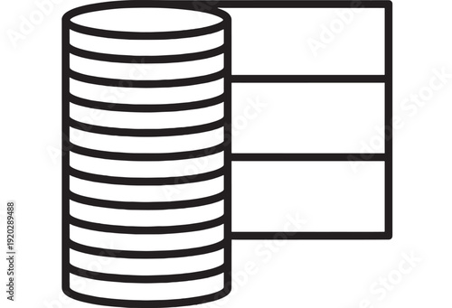 Database server icon with stacked cylinder and connected panels, black outline vector symbol for data storage, hosting, cloud computing, network infrastructure UI