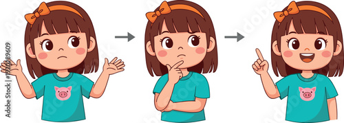 Little girl character thinking process steps from confusion to finding a creative idea flat vector illustration
