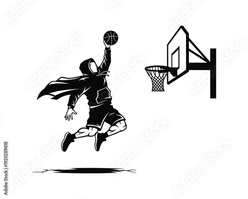 Hoodie street dunk vector silhouette illustration design, hoodie street dunk vector, basketball dunk silhouette, hoodie basketball player vector, street basketball dunk silhouette, urban dunk vector i