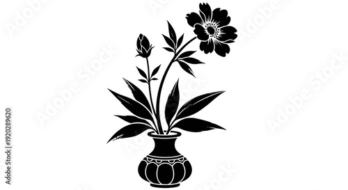 Black and white illustration of flowers in a vase, viewed from the front, showcasing floral arrangement and decorative pot.