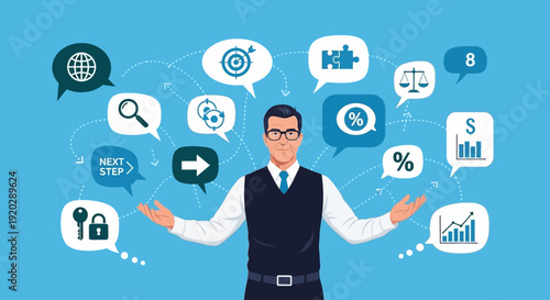 A man surrounded by various business and technology icons and symbols in a digital environment from a frontal viewpoint