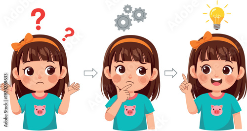 Little girl thinking process steps from confusion to solution with gears and light bulb idea flat vector illustration