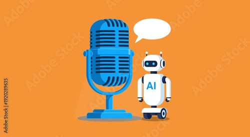 Robot standing beside a microphone on an orange background, viewed from the front, representing technology and innovation