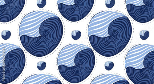 A seamless pattern of blue swirling shapes and dots on a repeating design