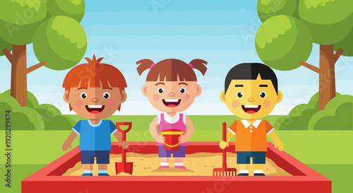 Three happy children playing together in a sandbox surrounded by trees on a sunny day