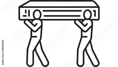 Coffin funeral icon with two pallbearers carrying casket, simple black outline pictogram for burial service, death ceremony concept, isolated on white background