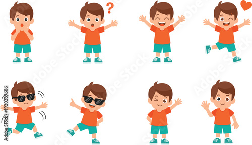 Set of a little boy cartoon character with different facial expressions and body poses including happy surprised cool and waving vector