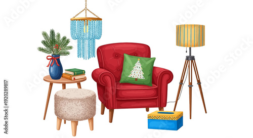 Cozy red armchair with festive green pillow, wooden stool, table, and lamp in a decorated interior scene viewed from the front