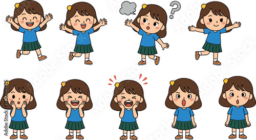 Set of a little girl cartoon character with various facial expressions and body poses including happy surprised questioning and shouting vector