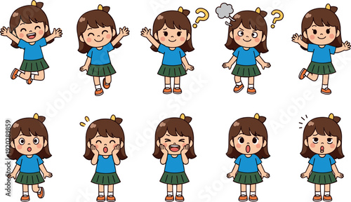 Set of a little girl cartoon character with diverse poses and emotions including jumping for joy questioning angry laughing and tired vector