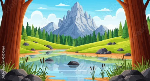 A serene landscape view through a forest gateway, with a river flowing towards majestic mountains under a blue sky