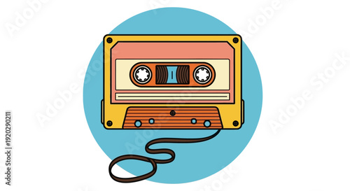 Vintage cassette tape with cord on blue background, viewed from directly above, showcasing nostalgic music technology