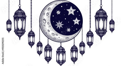 A serene nighttime scene featuring lanterns and a crescent moon with stars in the night sky