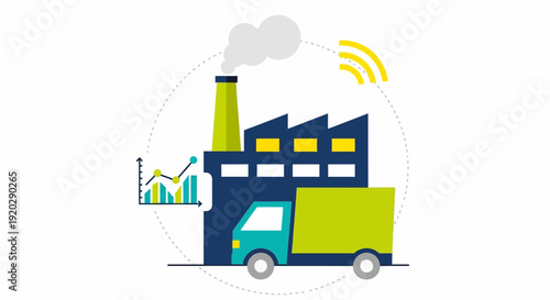 Industrial Truck Delivering Goods Near Factory with Rising Emissions and Data Analysis
