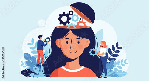 Woman surrounded by gears and people working together in harmony with innovative ideas and technology