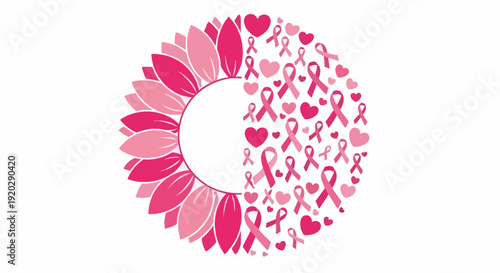Breast Cancer Awareness Illustration Featuring Ribbons and Hearts in a Circular Pattern