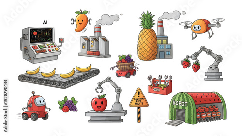 Innovation in Agriculture: Illustrative depiction of AI-driven machines revolutionizing agriculture, showcasing robotics, automation, and smart technology in fruit and vegetable production.