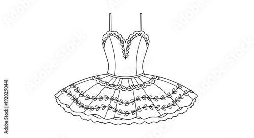 A detailed line drawing of a decorated ballerina dress viewed from the front with intricate designs and patterns