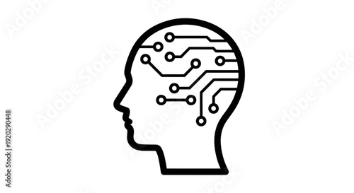 A human head with circuit board pattern, symbolizing technology and innovation in a simple line art style