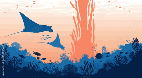Underwater scene with stingrays and marine life swimming near coral reefs at sunset from a panoramic viewpoint