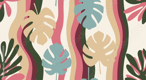 Tropical Leaves Pattern with Wavy Lines and Monstera Plants in a Vibrant Illustration from a Direct Viewpoint