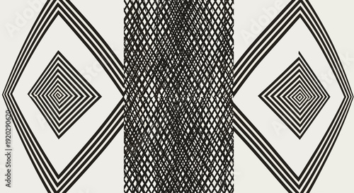Intricate geometric pattern featuring diamond shapes and abstract designs in black and white, viewed from a straightforward perspective.