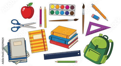 Colorful school supplies including books, notebooks, pencils, and a backpack arranged neatly on a flat surface from a top-down viewpoint