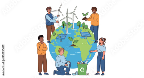 People around the world working together to protect the environment and promote sustainability with renewable energy sources