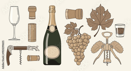 A luxurious champagne bottle and wine accessories elegantly displayed with grapes and autumn leaves