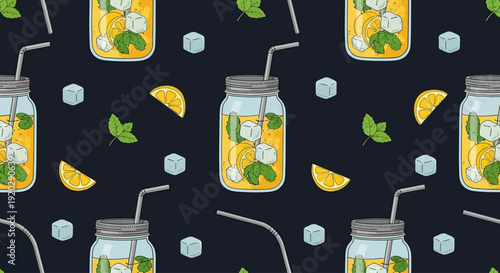 A seamless pattern of refreshing summer drinks with lemons and mint leaves on a dark background, viewed from directly above, featuring mason jars and ice cubes.