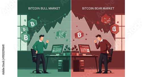 Bitcoin Bull and Bear Market Comparison Illustration Crypto Trading Investment Strategy