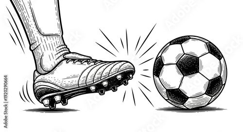 A soccer player's cleated foot kicks a soccer ball with dynamic motion lines surrounding the impact in a black and white illustration