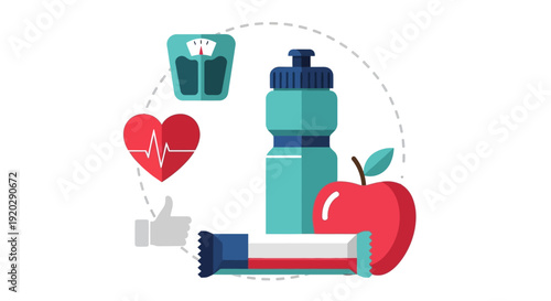 Healthy Lifestyle Illustration Featuring Water Bottle, Apple, Fitness Tracker, and Heartbeat