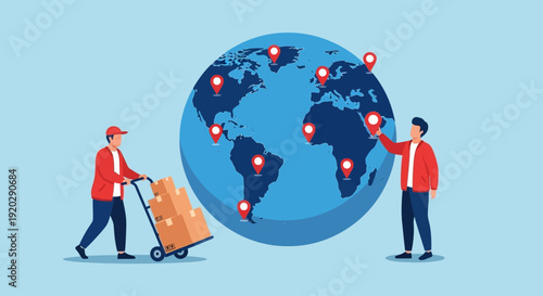 Delivery personnel transporting packages across the globe, illustrating global logistics and transportation services