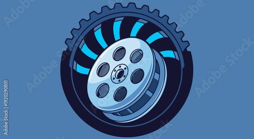 A film reel centered within a gear, illustrating the integration of technology and media, from a direct overhead viewpoint.