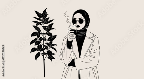 Woman in hijab enjoying a cup of coffee beside a plant in a serene environment
