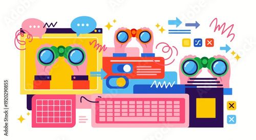 Vibrant robots and devices gathered together showcasing technology and innovation in a playful and colorful digital illustration scene viewed from directly above