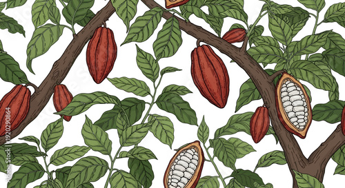 Cocoa pods and green leaves on a brown branch, viewed from above in a lush tropical environment