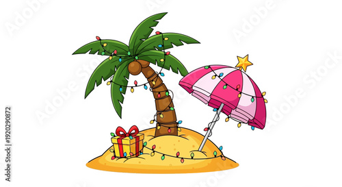 A festive tropical island scene with a decorated palm tree, gift, and pink umbrella on a sandy beach viewed from a slightly elevated perspective
