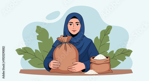 Woman in hijab holding a sack of rice with green leaves behind her on a wooden table