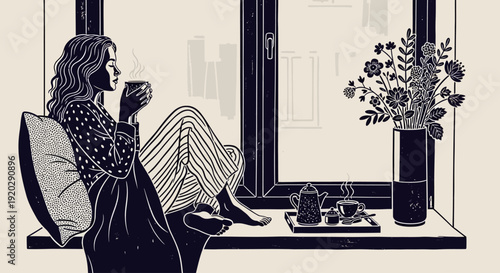 Woman relaxing on a couch by the window with a cup of coffee and flowers