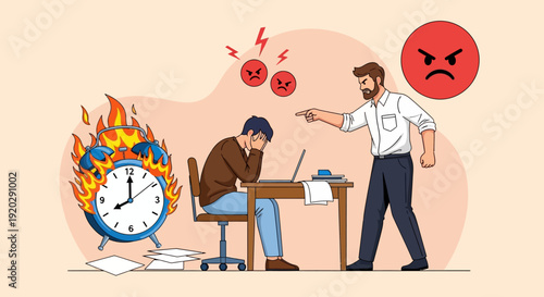 A manager criticizing a stressed employee working late at a desk under pressure with a burning clock