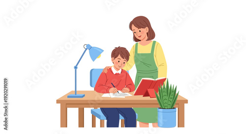 A mother assisting her young son with his homework at a desk with a laptop and lamp in a home environment