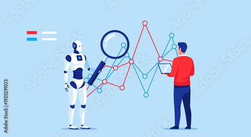 Human and robot analyzing data together with magnifying glass and charts in a collaborative workspace