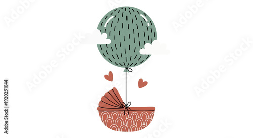 A whimsical hot air balloon with hearts floating in the air