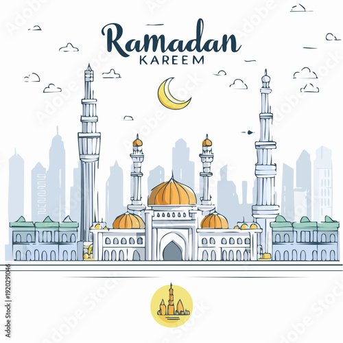 Ramadan Kareem Greeting with Mosque and City Skyline Illustration.